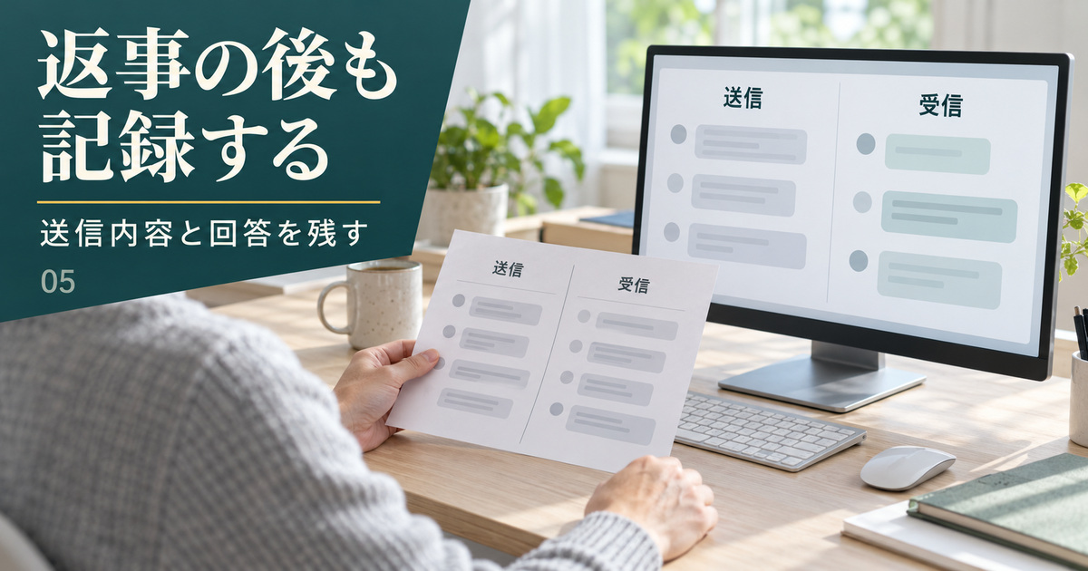 送信と受信の記録を紙と画面で照合する肩越しの写真調イメージ