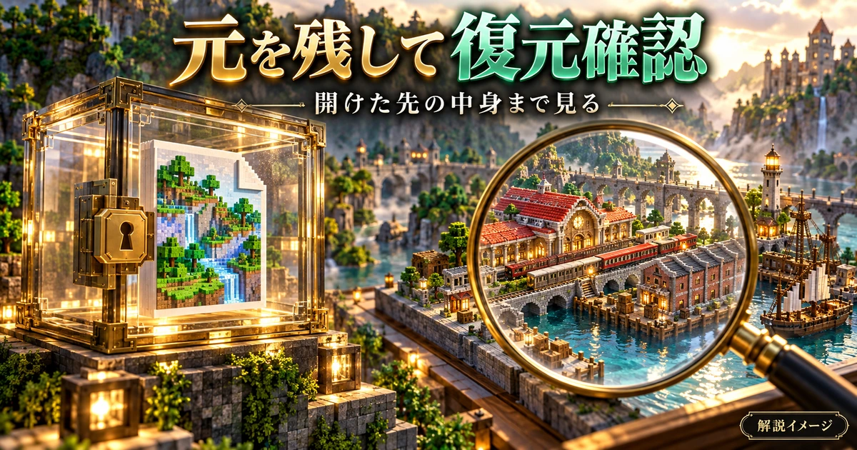 元ファイルを保管し検証用ワールドの建物を確認する解説イメージ