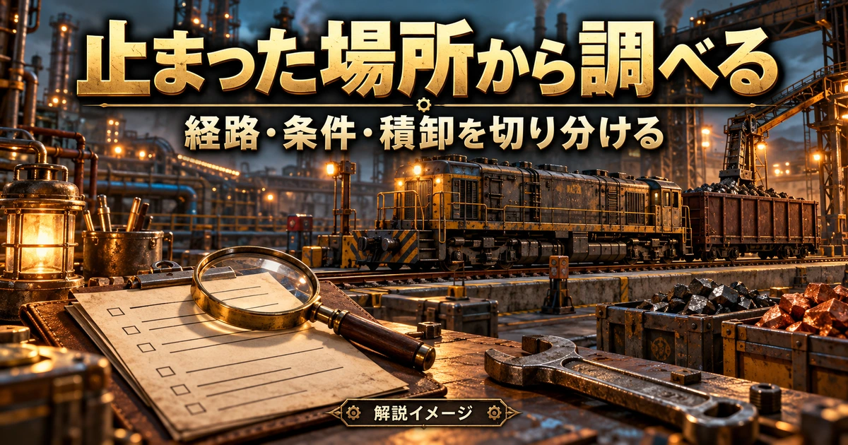 観察メモと工具で列車が止まった場所から原因を切り分ける解説イメージ