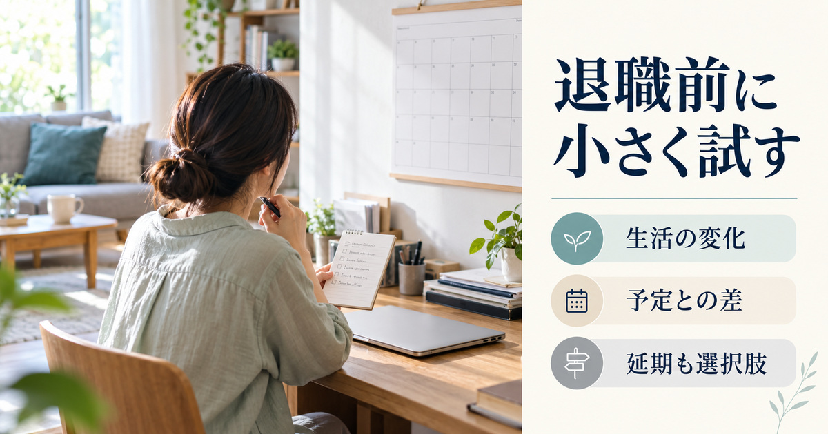 「退職前に小さく試す」の見出しと、閉じたパソコンの前で手元のメモと壁のカレンダーを見比べる人の後ろ姿