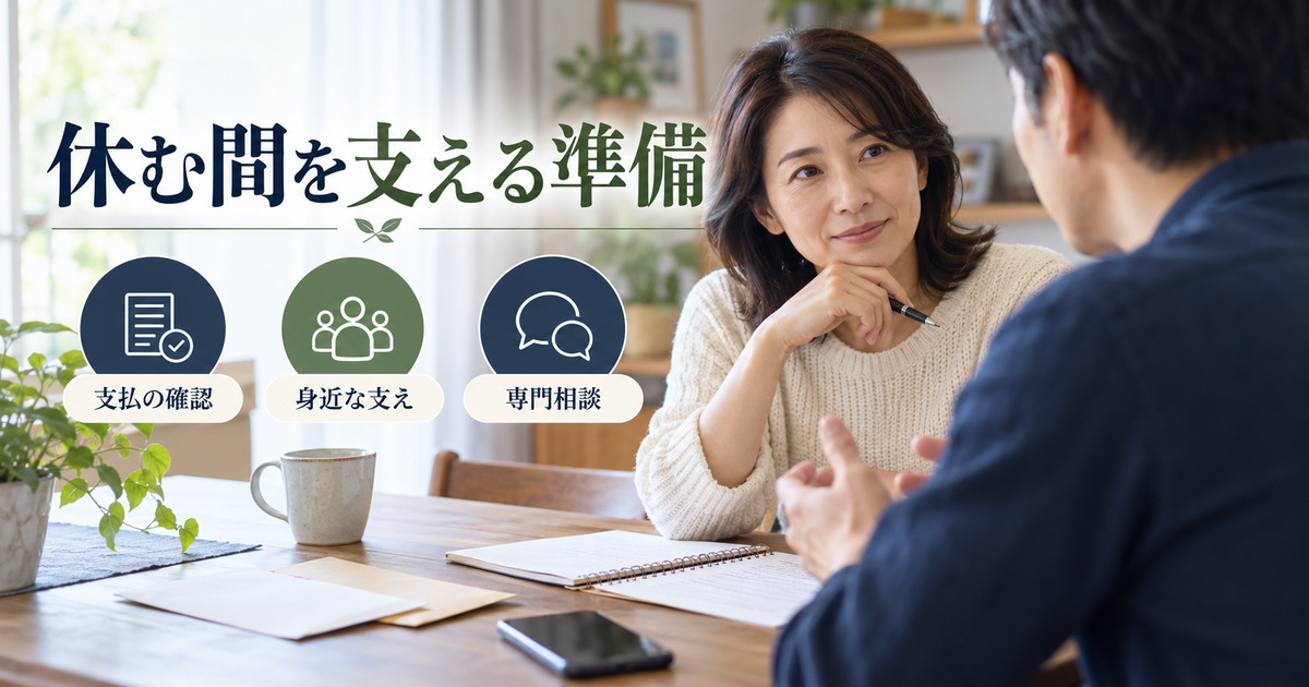 「休む間を支える準備」の見出しと、自宅の机で話を聞く二人の架空人物の写真調イメージ