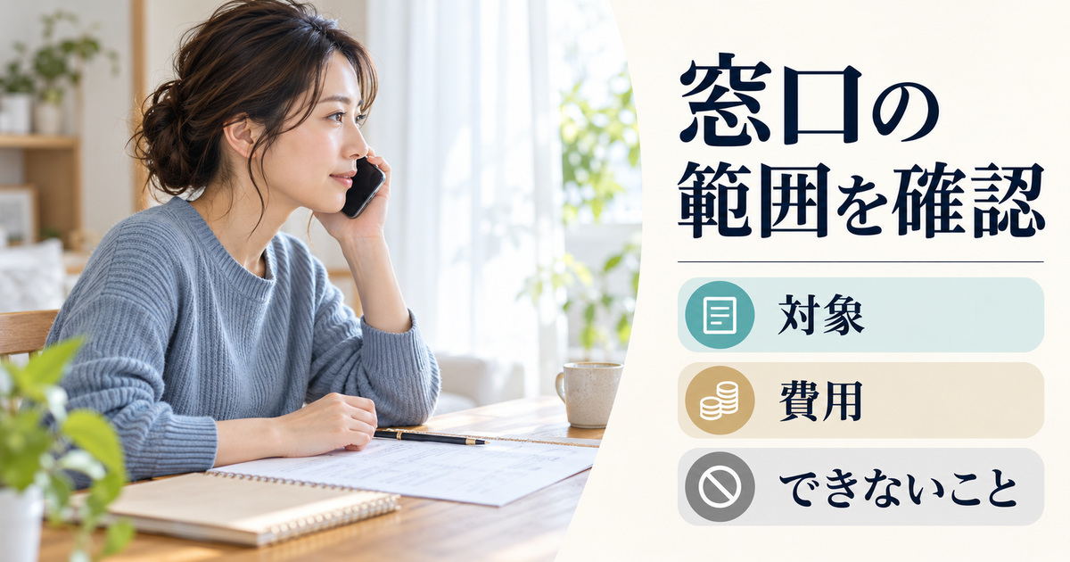 「窓口の範囲を確認」の見出しと、自宅の机に相談メモとノートを置き、スマートフォンを耳に当てる人