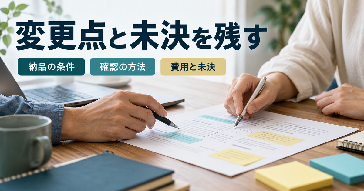 「変更点と未決を残す」の見出しと、二人が資料を指し示して確認する写真調イメージ