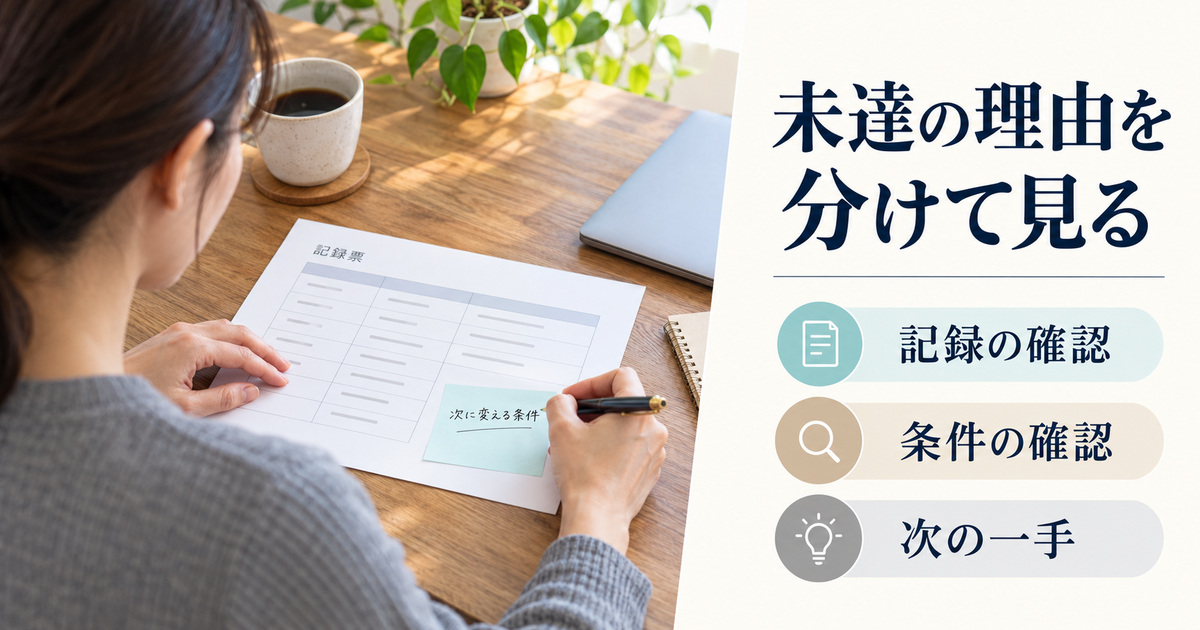 「未達の理由を分けて見る」の見出しと、記録票に「次に変える条件」の付箋を添えて書き込む人の肩越しの場面