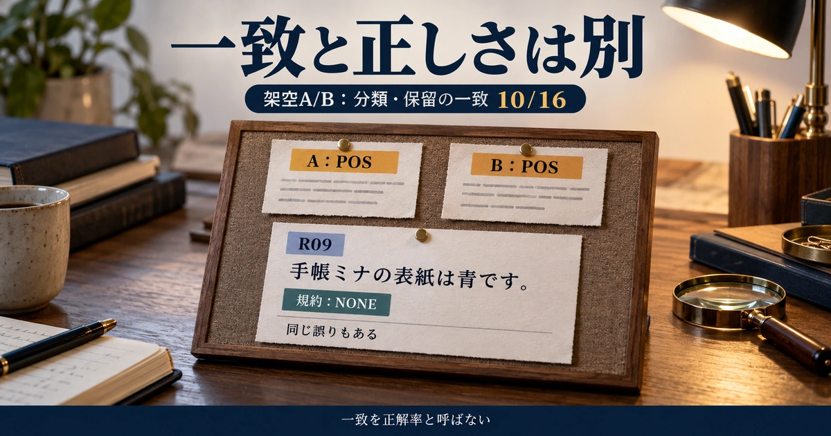 架空A/Bの分類・保留の一致10/16と、両者がPOSとしたR09の規約上のNONE判定。