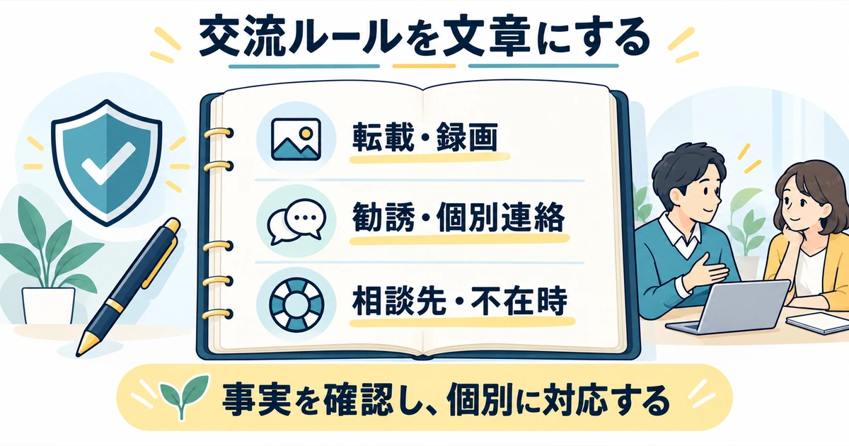 転載・録画、勧誘・個別連絡、相談先・不在時を分けて確認する交流ルールの図