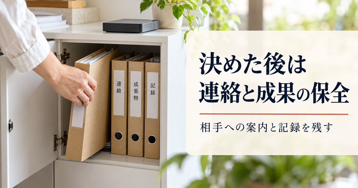 連絡・成果物・記録のファイルを収納し、決定後の連絡と成果保全を示す写真調画像