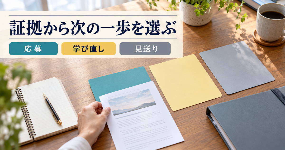 「証拠から次の一歩を選ぶ」の見出しと、青緑・黄色・グレーのカードを並べた机に成果物の紙を添える手元