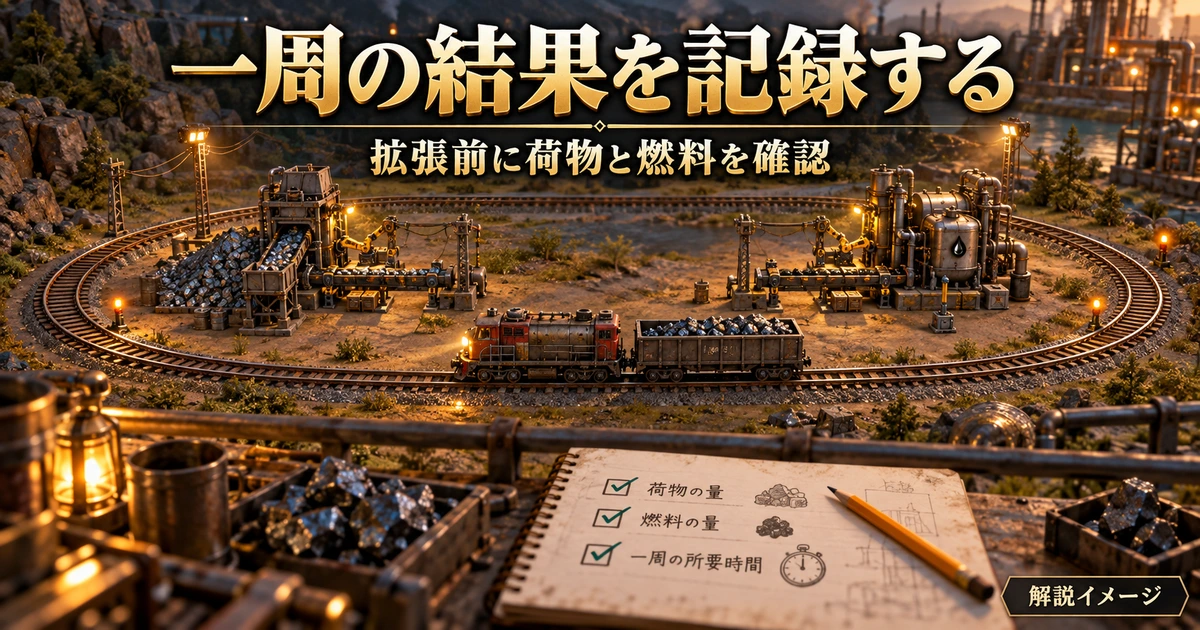 二駅を一周する列車の荷物と燃料を確認表へ記録する解説イメージ