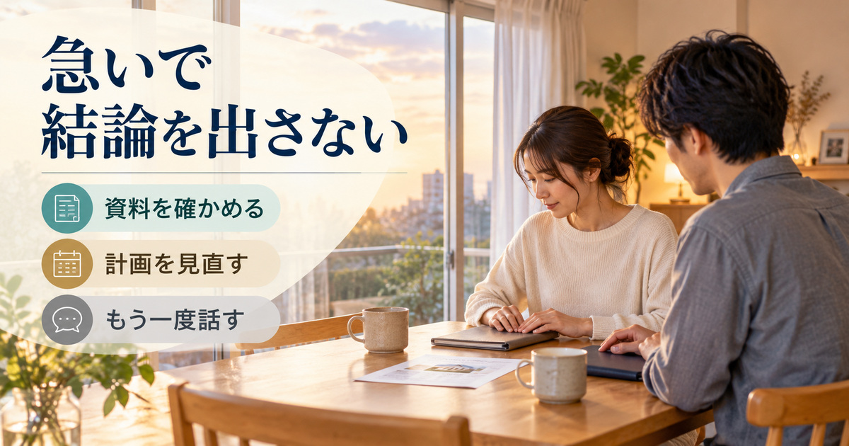 「急いで結論を出さない」の見出しと、夕方の食卓で二人がノートを閉じ、確認する資料を一枚残した場面