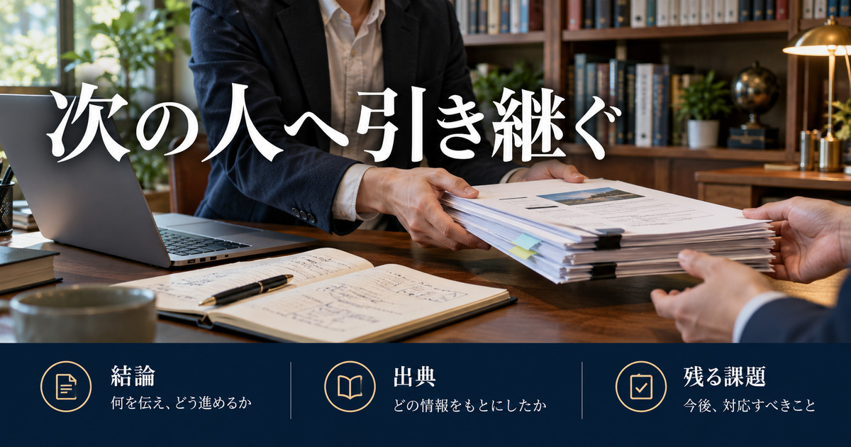 出典付き資料の束を別の人へ渡し、結論・出典・残る課題を引き継ぐ写真調イメージ