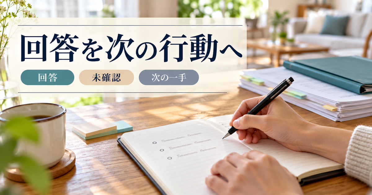 「回答を次の行動へ」の見出しと、資料を脇に整えてノートへ短い箇条書きを記録する手元
