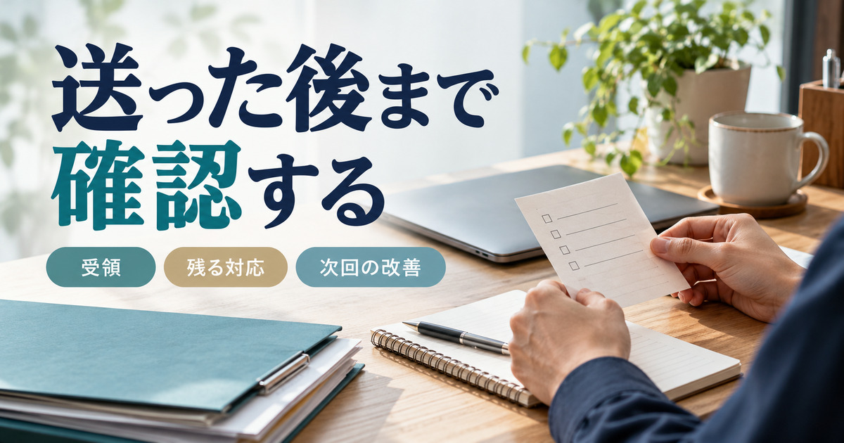 「送った後まで確認する」の見出しと、受領・残る対応・次回改善のメモを確認する写真調イメージ