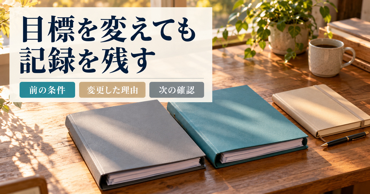 「目標を変えても記録を残す」の見出しと、紙を挟んだグレーと青緑のフォルダー、閉じたノートとペンを並べた机