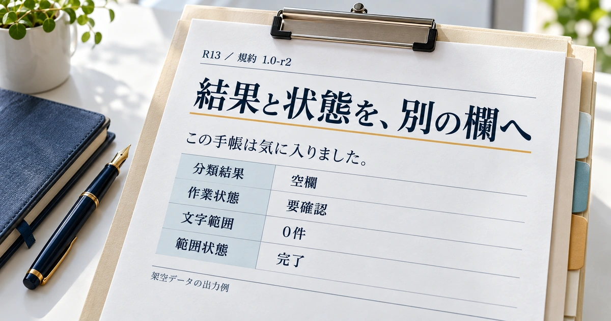 R13の分類結果は空欄、作業状態は要確認、文字範囲は0件、範囲状態は完了と分けた出力例。