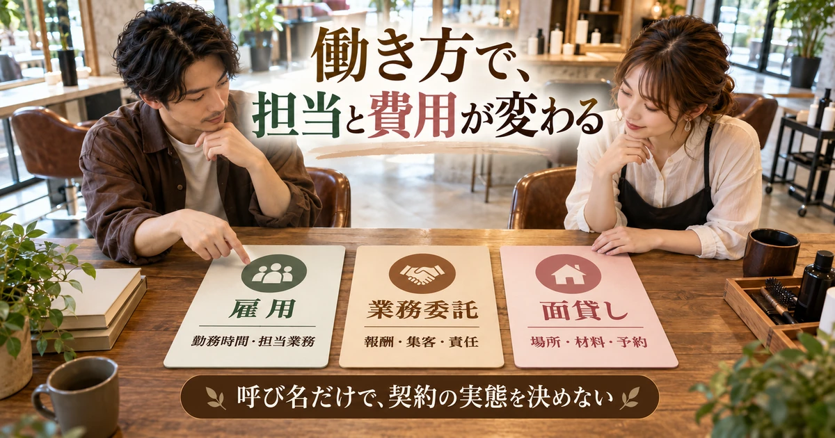 雇用、業務委託と面貸しで担当や費用が変わることを比較する図