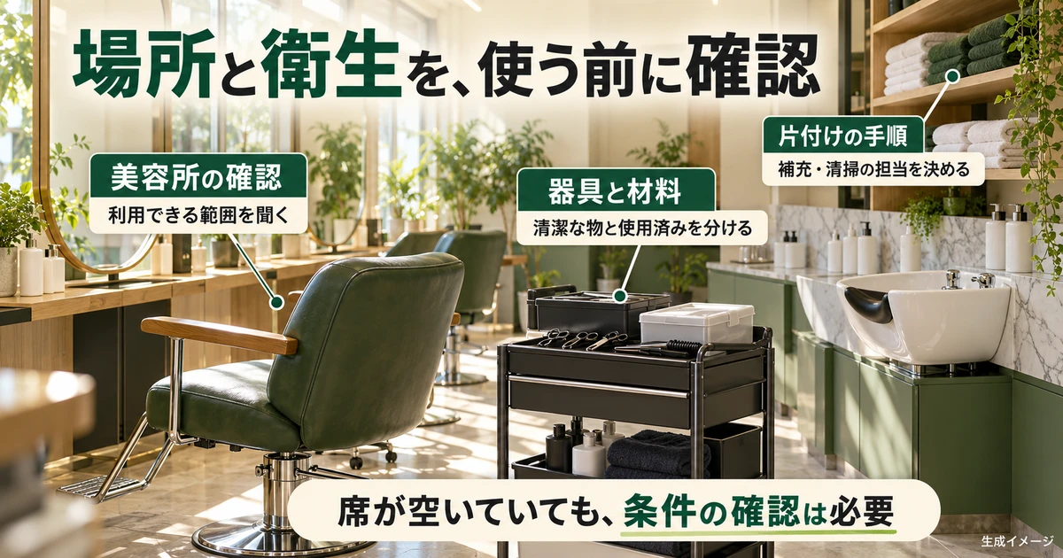 美容所、器具材料、片付けの手順を場所の利用前に確認する図