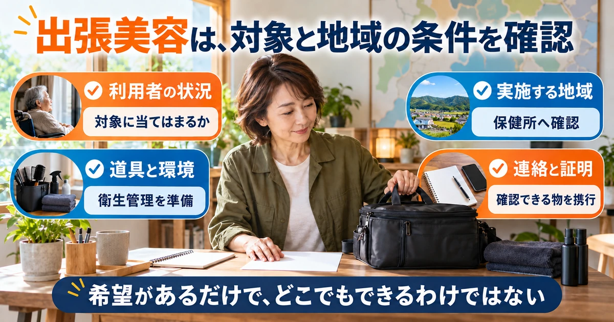 出張美容の対象、地域の条件、衛生管理と証明を確認する図