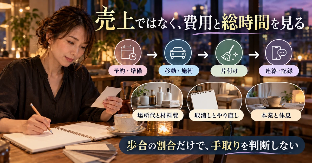 施術売上だけでなく費用と予約前後の総時間を確認する図