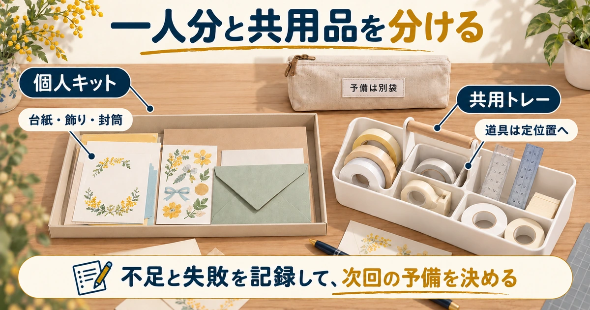 個人キットの台紙と飾りと封筒、共用トレーの道具、別袋の予備を分けて準備する図