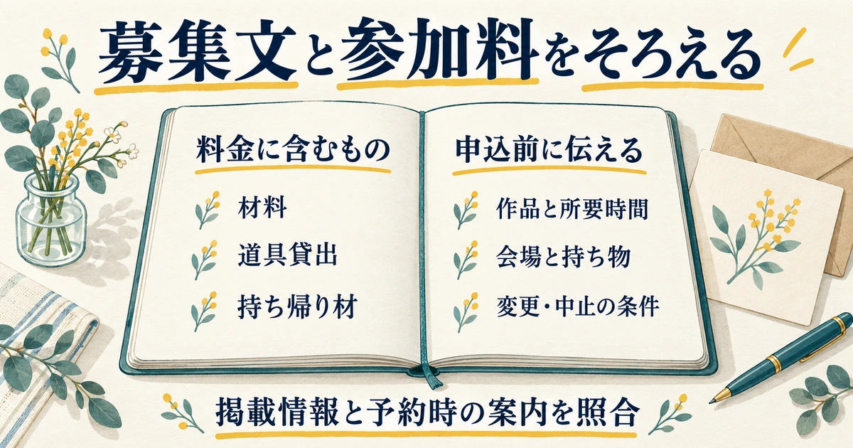 料金に含む材料と道具貸出と持ち帰り材を、作品と所要時間、会場と持ち物、変更中止条件と照合する図