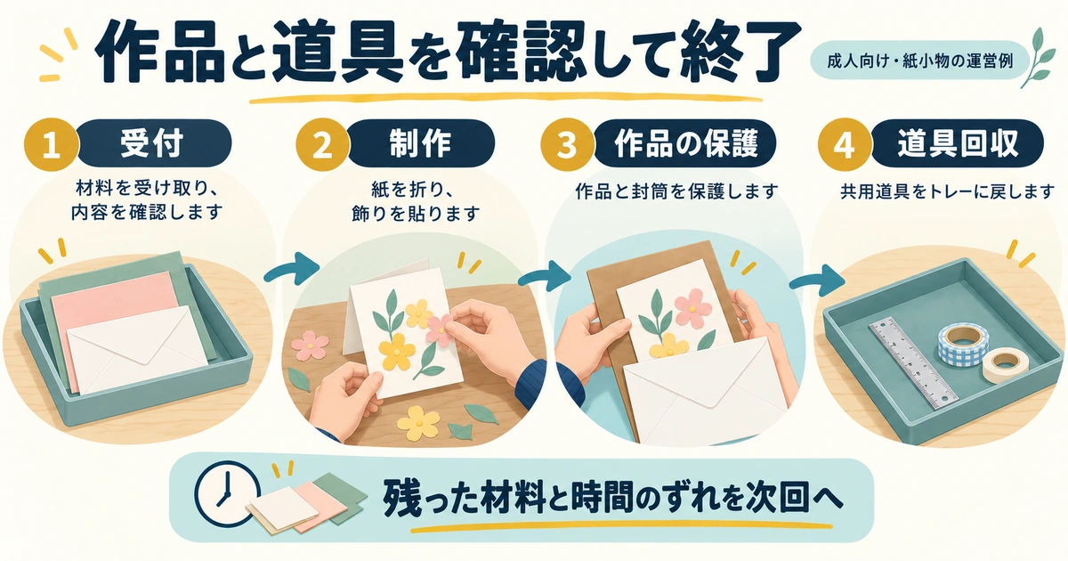 材料の受付確認、紙小物の制作、作品と封筒の保護、共用道具の回収を順に行う運営図