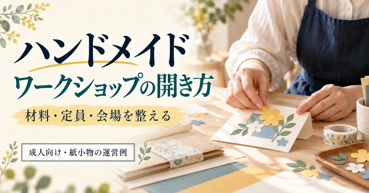 成人向けに平らな紙の飾りでカードを作るハンドメイドワークショップの準備イメージ