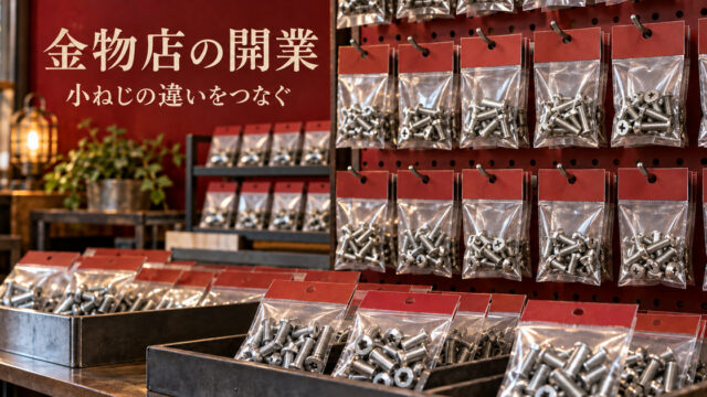 架空の小さな金物店で、小売用の透明包装に入った小ねじを並べた開業記事の表紙