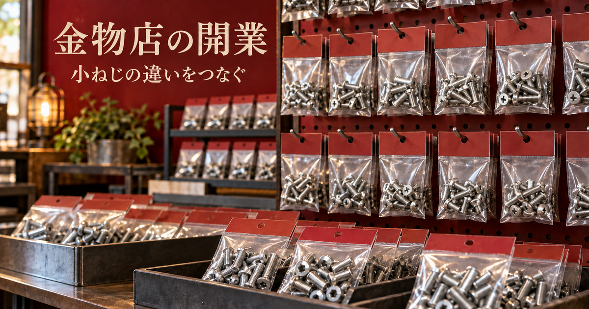 架空の小さな金物店で、小売用の透明包装に入った小ねじを並べた開業記事の表紙