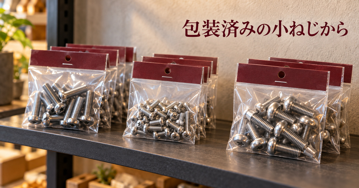 小ねじが見える架空の小売用包装を、金物店の小さな棚にそろえた場面