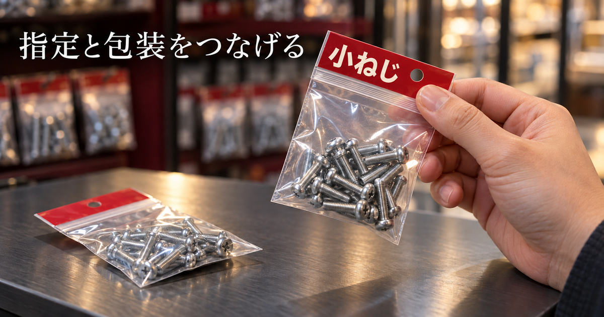 架空の金物店で、成人の手が閉じた小ねじの包装表示を確認する場面
