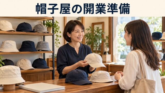 帽子店の店主と成人客が帽子選びについて相談するイメージ