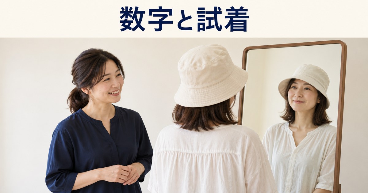 店主と成人客が帽子を試して着用感を相談するイメージ