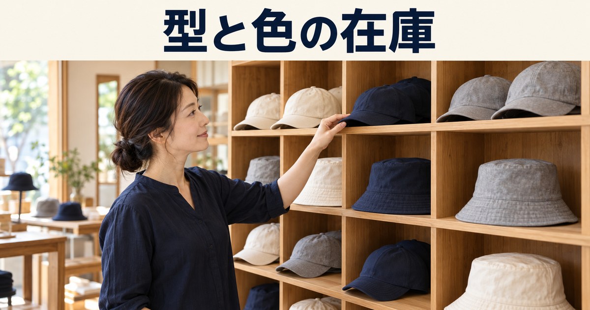 店主が型や色ごとに帽子の置き場を確認するイメージ
