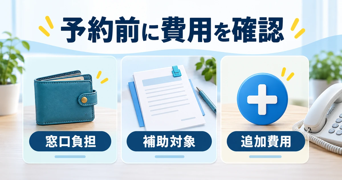 窓口負担、補助対象、追加費用を分けて予約先へ確認する図
