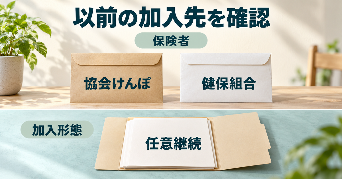 協会けんぽ・健保組合という保険者と、任意継続という加入形態を別の段に分けて確認する図