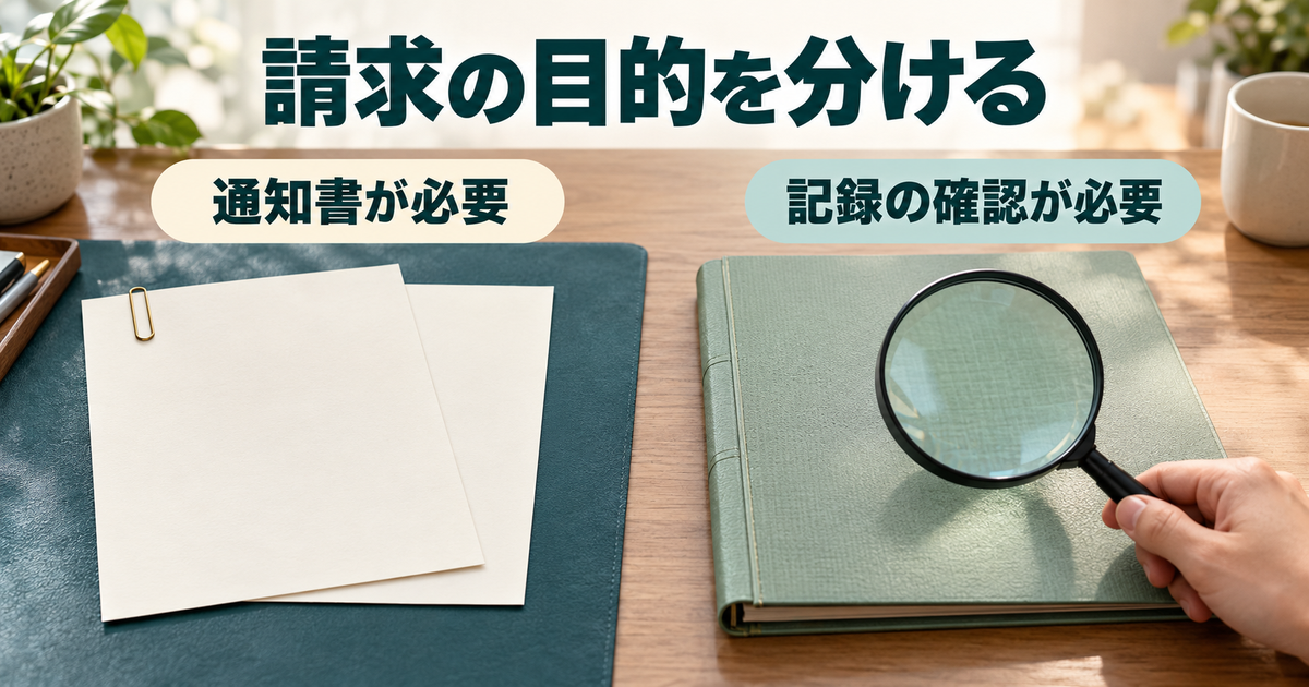 証明通知書を得る請求と、未届などの記録を確認する相談を区別する図