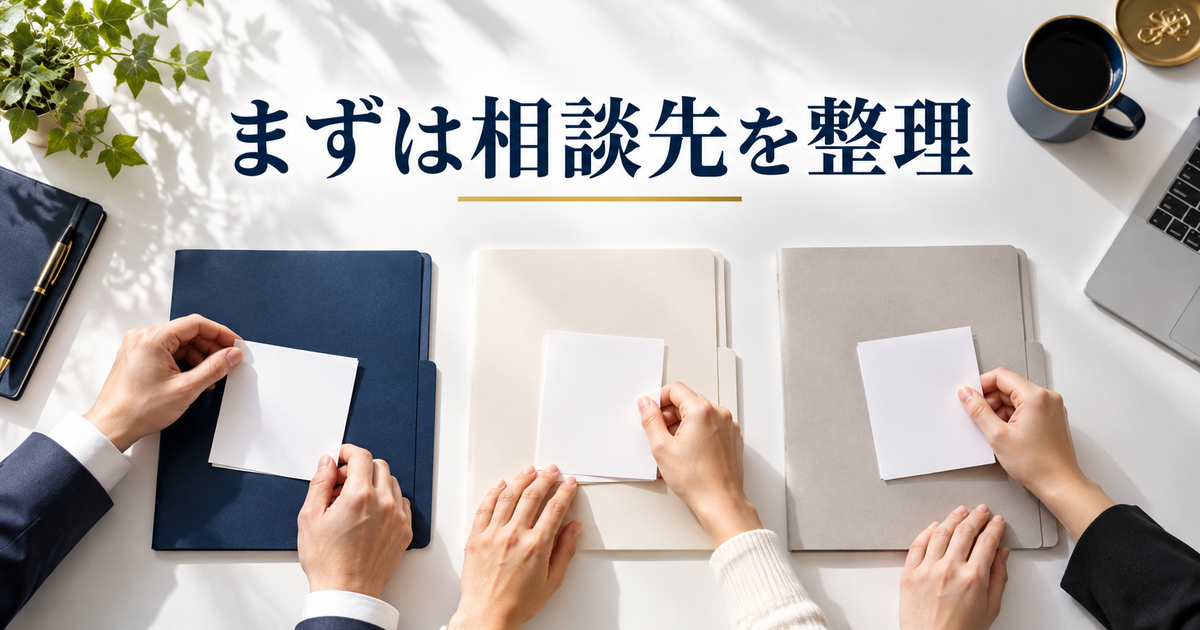 三つのフォルダーに相談資料を分けて整理する手元