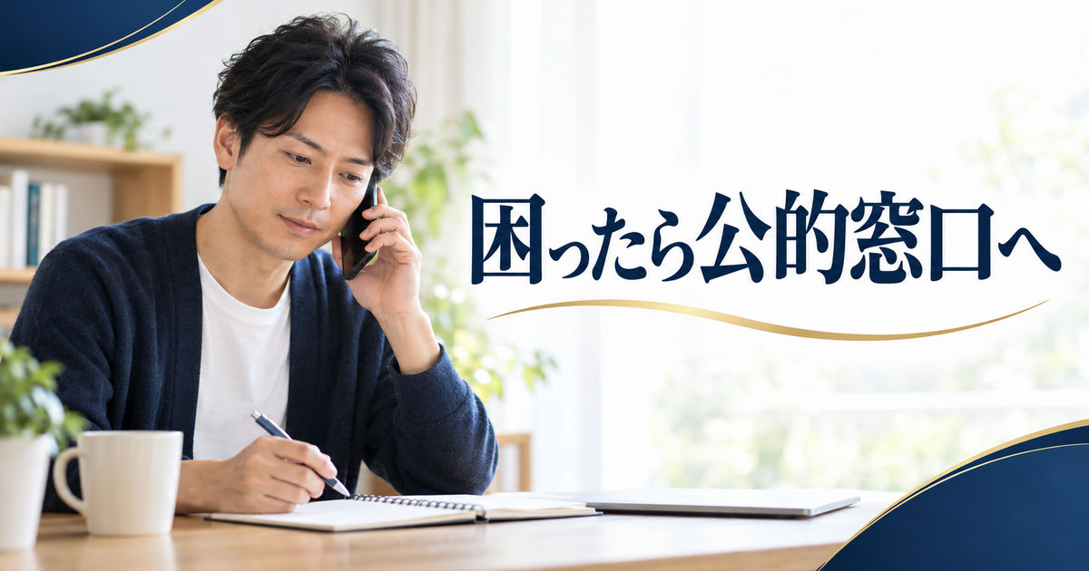 資料を手元に置き公的窓口への電話相談をする成人男性