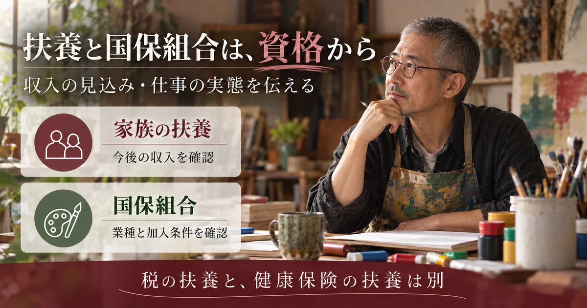 扶養と国保組合は、資格から:収入の見込み・仕事の実態を伝えるを示す説明用生成画像
