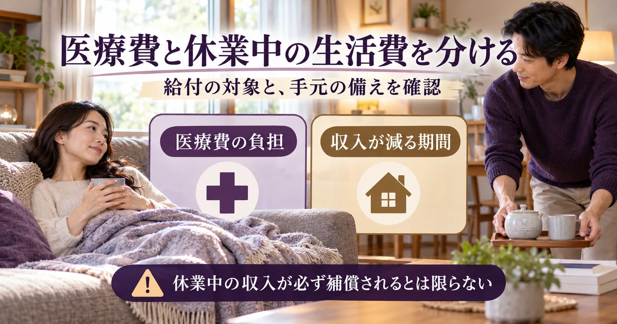 医療費と休業中の生活費を分ける:給付の対象と、手元の備えを確認を示す説明用生成画像