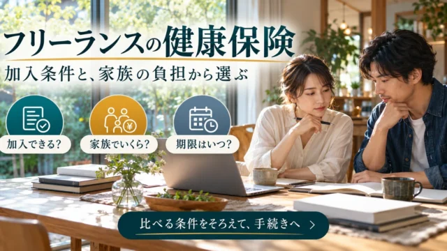 フリーランスの健康保険：加入条件と、家族の負担から選ぶを示す説明用生成画像