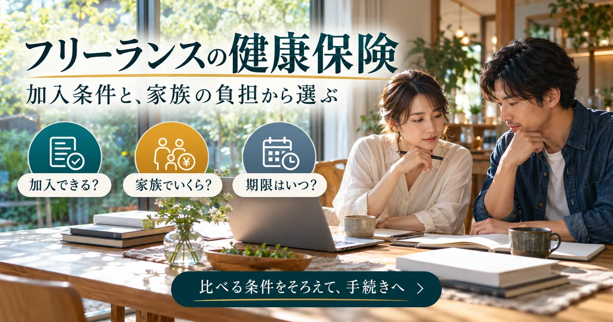 フリーランスの健康保険：加入条件と、家族の負担から選ぶを示す説明用生成画像