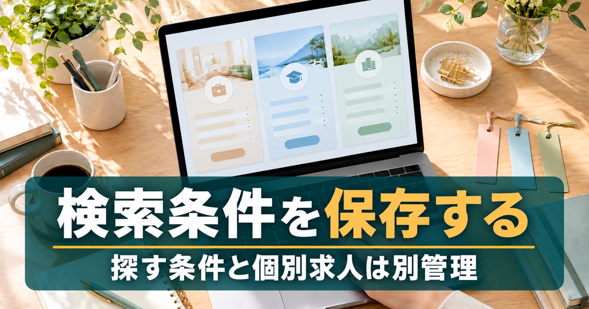 検索条件を保存する。探す条件と個別求人は別管理。検索条件を分けて保存する考え方を表したパソコンと付箋のイメージ