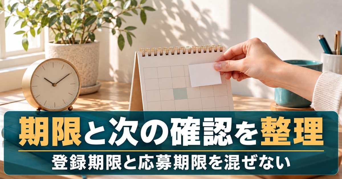期限と次の確認を整理。登録期限と応募期限を混ぜない。カレンダーと手帳で次の確認日を整理するイメージ