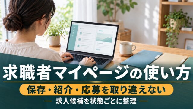 求職者マイページの使い方。保存・紹介・応募を取り違えない。求人候補を状態ごとに整理。自宅の机で求人候補の書類とノートパソコンを整理する求職者のイメージ