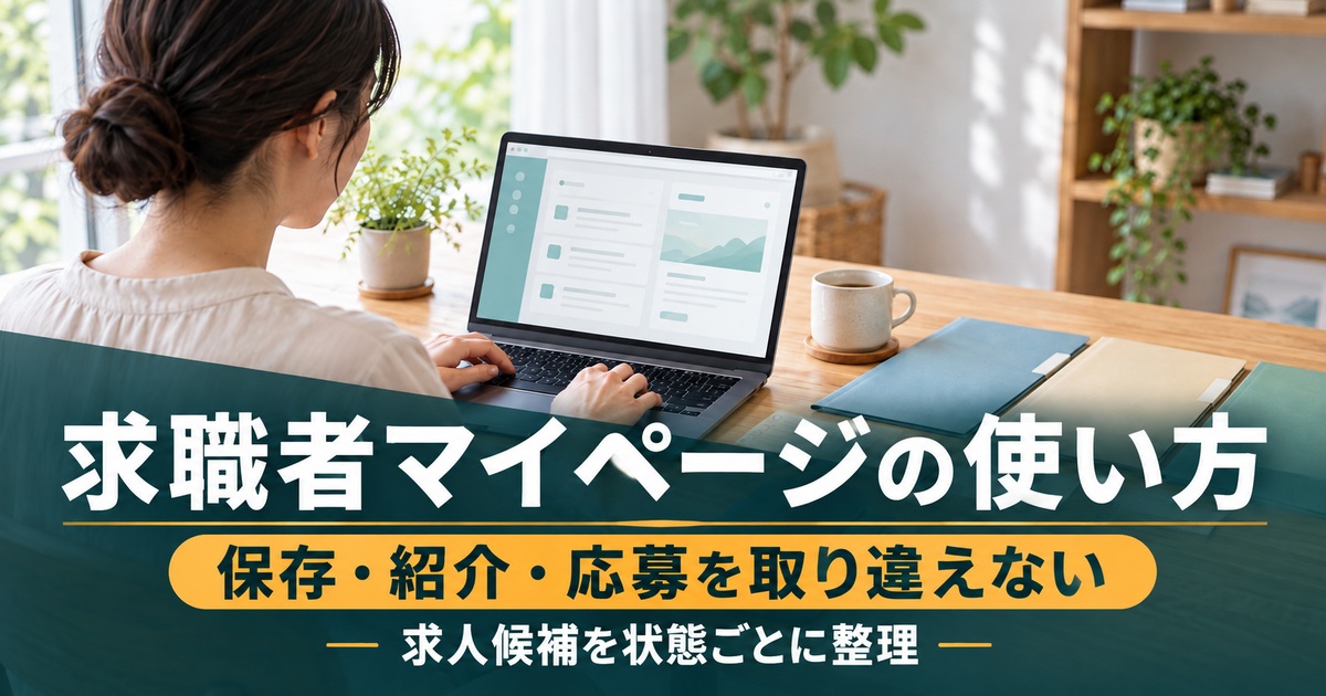 求職者マイページの使い方。保存・紹介・応募を取り違えない。求人候補を状態ごとに整理。自宅の机で求人候補の書類とノートパソコンを整理する求職者のイメージ