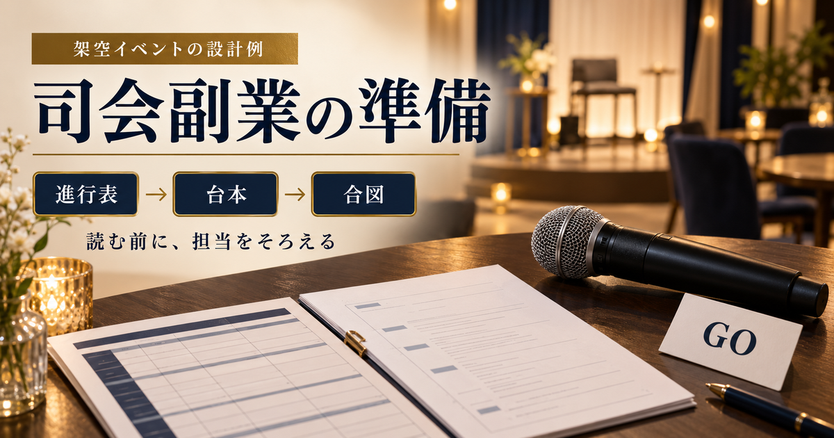 架空の司会副業の準備を、進行表、台本、担当者の合図の三点で示したAI生成のイメージ