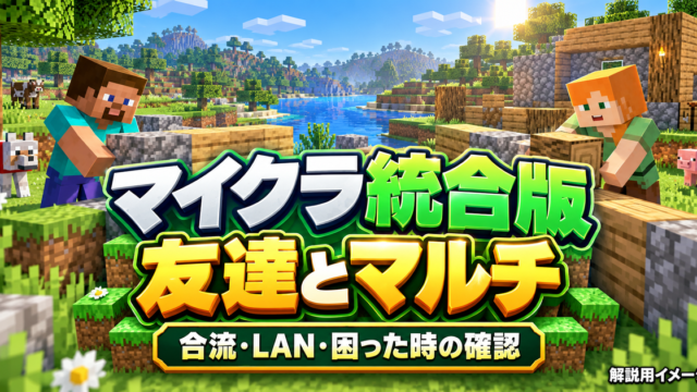 マイクラ統合版のブロック世界で二人が拠点を作る、友達とのマルチプレイ解説用イメージ