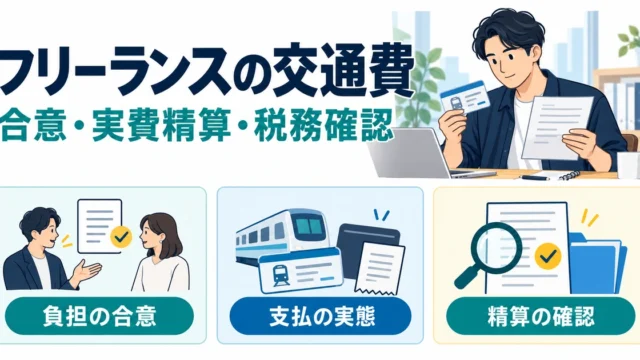 フリーランスの交通費について負担の合意、支払の実態、精算の確認を整理する図